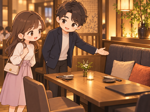 デートで女の子に上座をすすめるレストランのイラスト