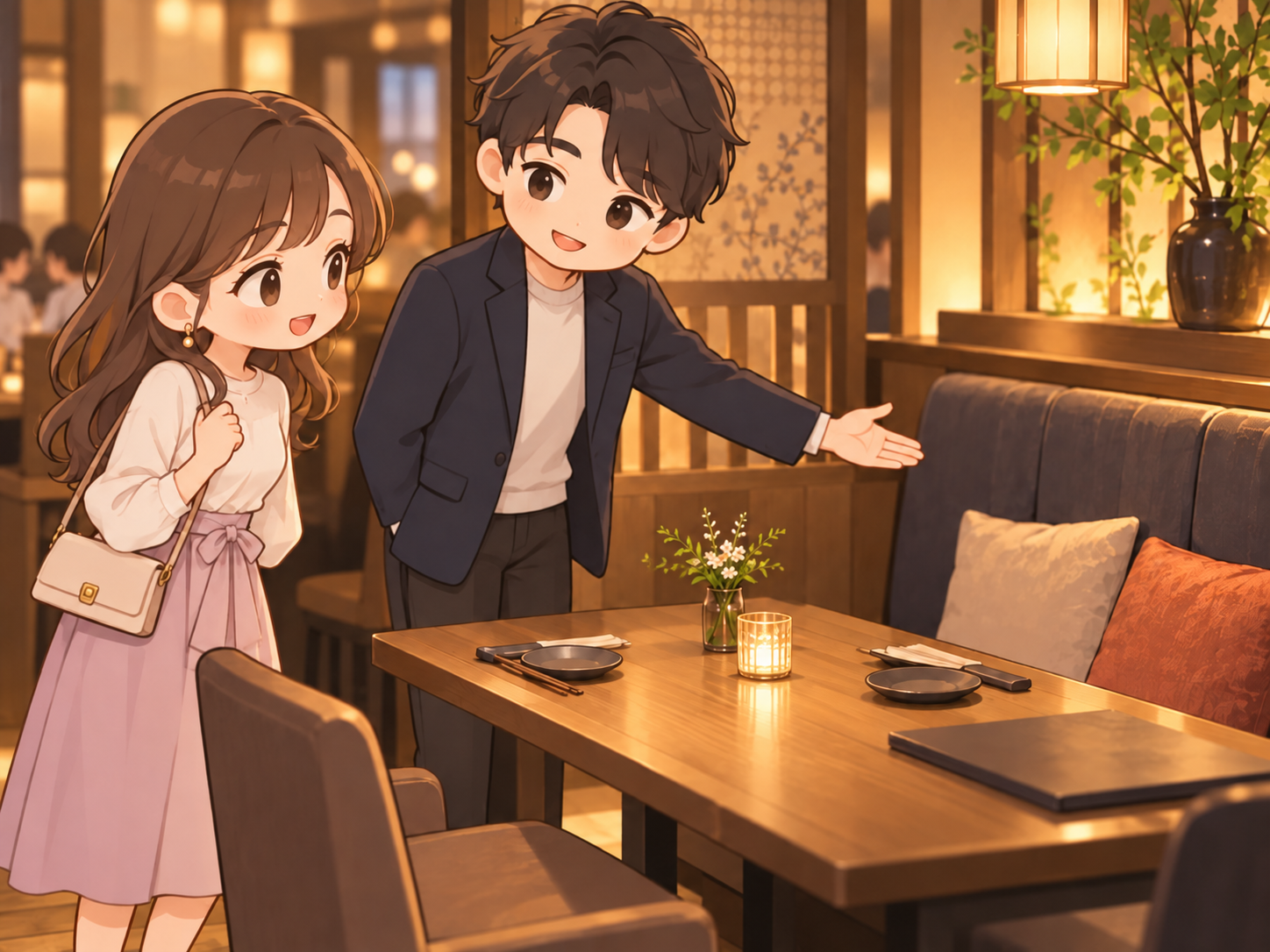 デートで女の子に上座をすすめるレストランのイラスト