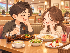 ファミレスで楽しそうに食事をするカップルのイラスト