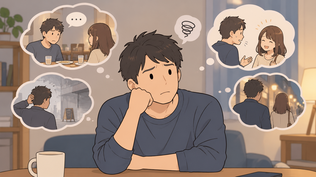 デートで失敗したかもと思ったときの考え方|次につなげる振り返り方 7 デートで失敗したかもと振り返って悩む男性のイラスト